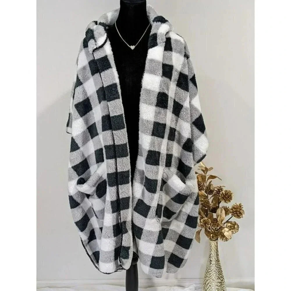 Steve Madden Sherpa Hooded Open Front Poncho Black & White Buffalo Check O/S $98